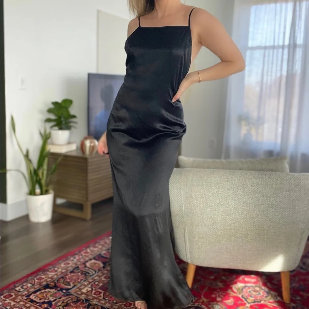 Reformation Black silk slip dress Bias Cut Open Back "Rosie" Gown Cocktail Maxi - Picture 3 of 13